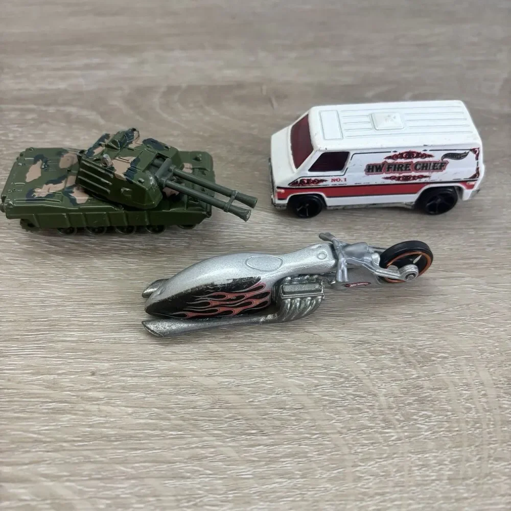 Hot Wheels Lot of 3: Fire Chief Van, Flame Motorcycle & Military Tan
